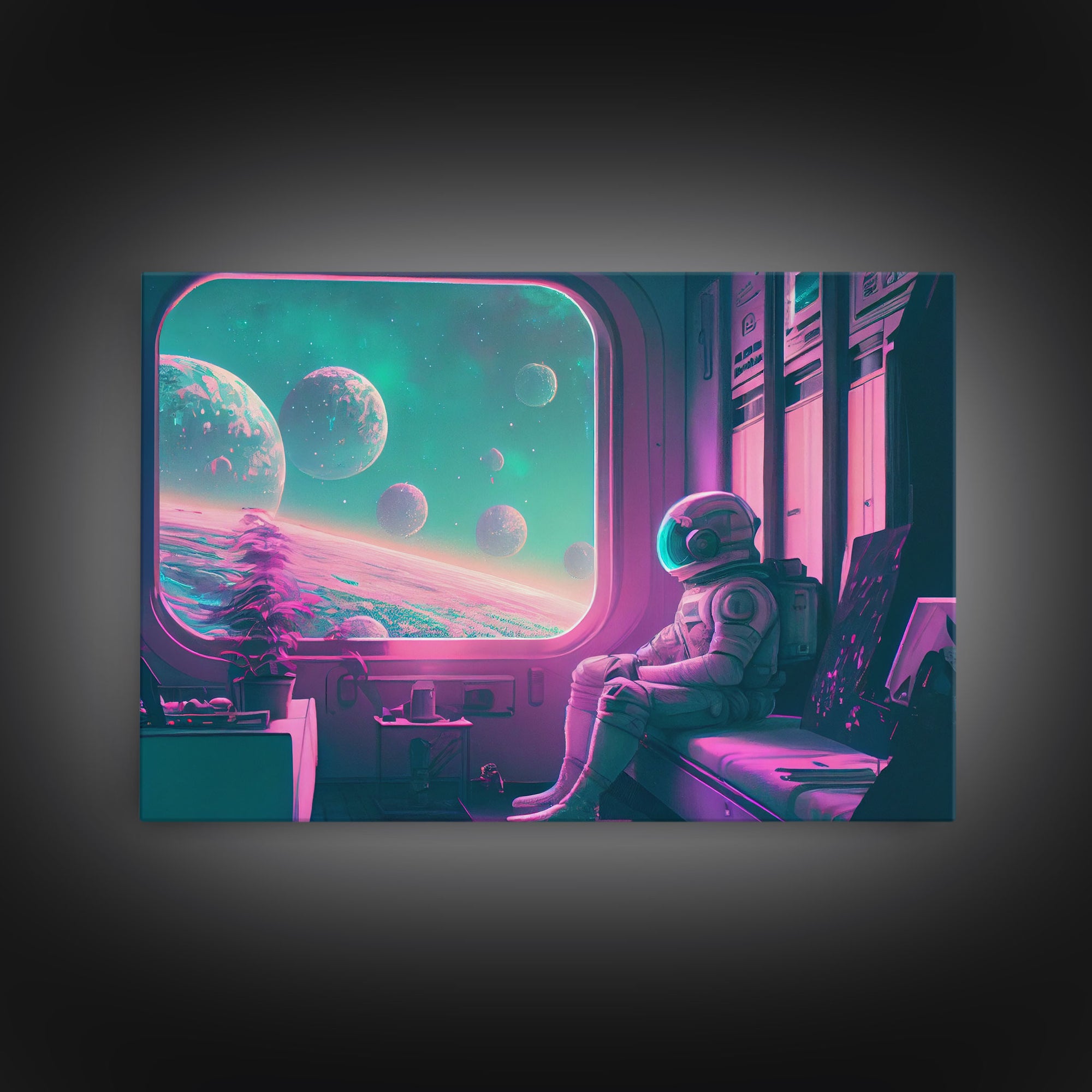 Vaporwave Aesthetic Scifi Art, In Transit, Astronaut riding the space train, framed canvas print