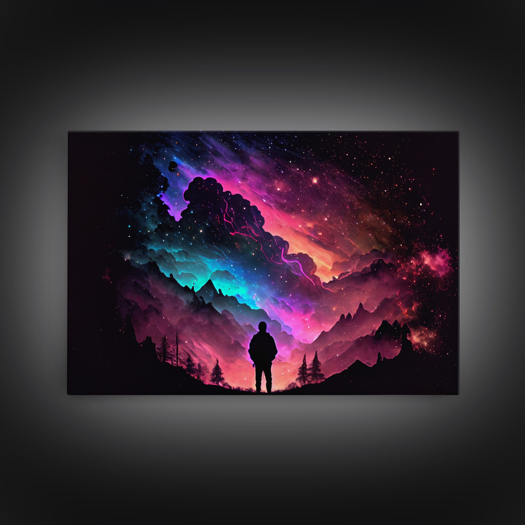Contemplating the Universe, retro style space art, framed canvas print, synthwave space decor
