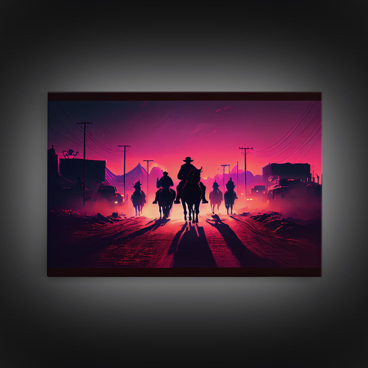 Retro Synthwave Style Post-Apocalyptic Cowboys, framed canvas print, retro outrun style wild west art