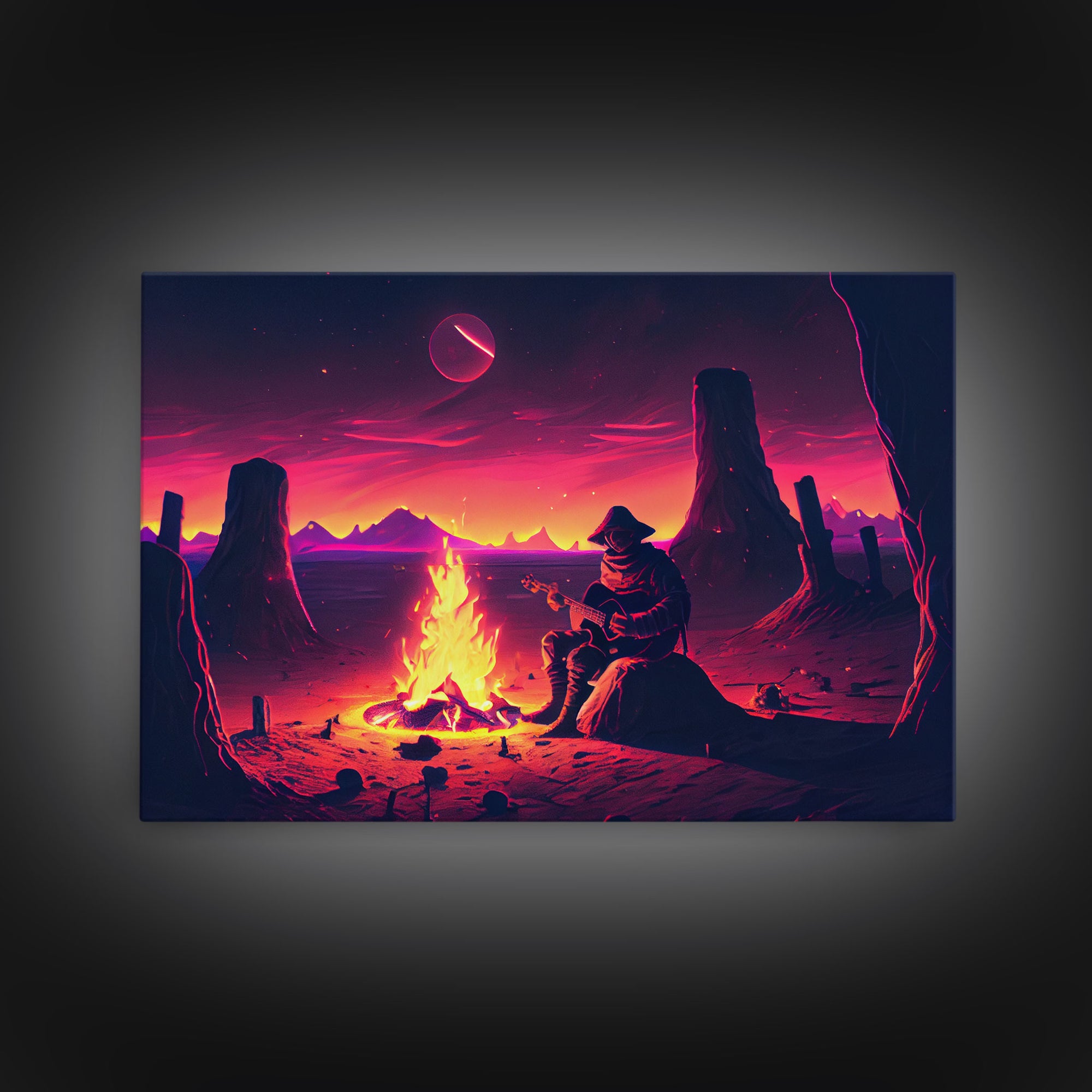 Valley Canyon Man Campfire Guitar Landscape Magenta Fine Art Print, Wall Art Print, Wall Poster, Wall Décor