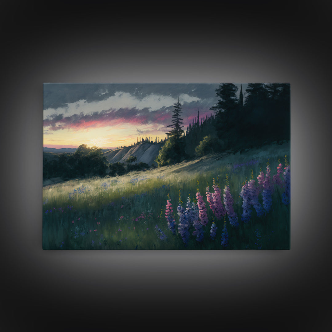 Watercolor of a beautiful landscape at sunset, rustic farmhouse decor, primitive art, cabin art, wall decoration
