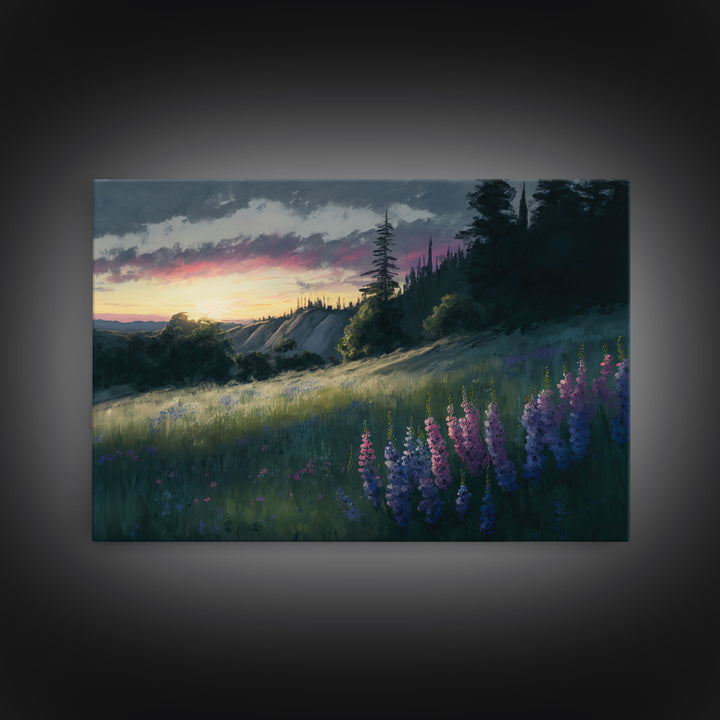 Watercolor of a beautiful landscape at sunset, rustic farmhouse decor, primitive art, cabin art, wall decoration