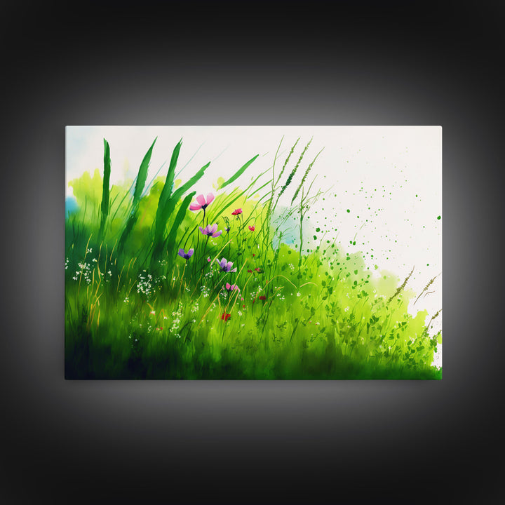 Modern Farmhouse Wall Art, Boho decor, Minimalist whimsical wall art, framed canvas print of beautiful wild flowers blowing in the wind