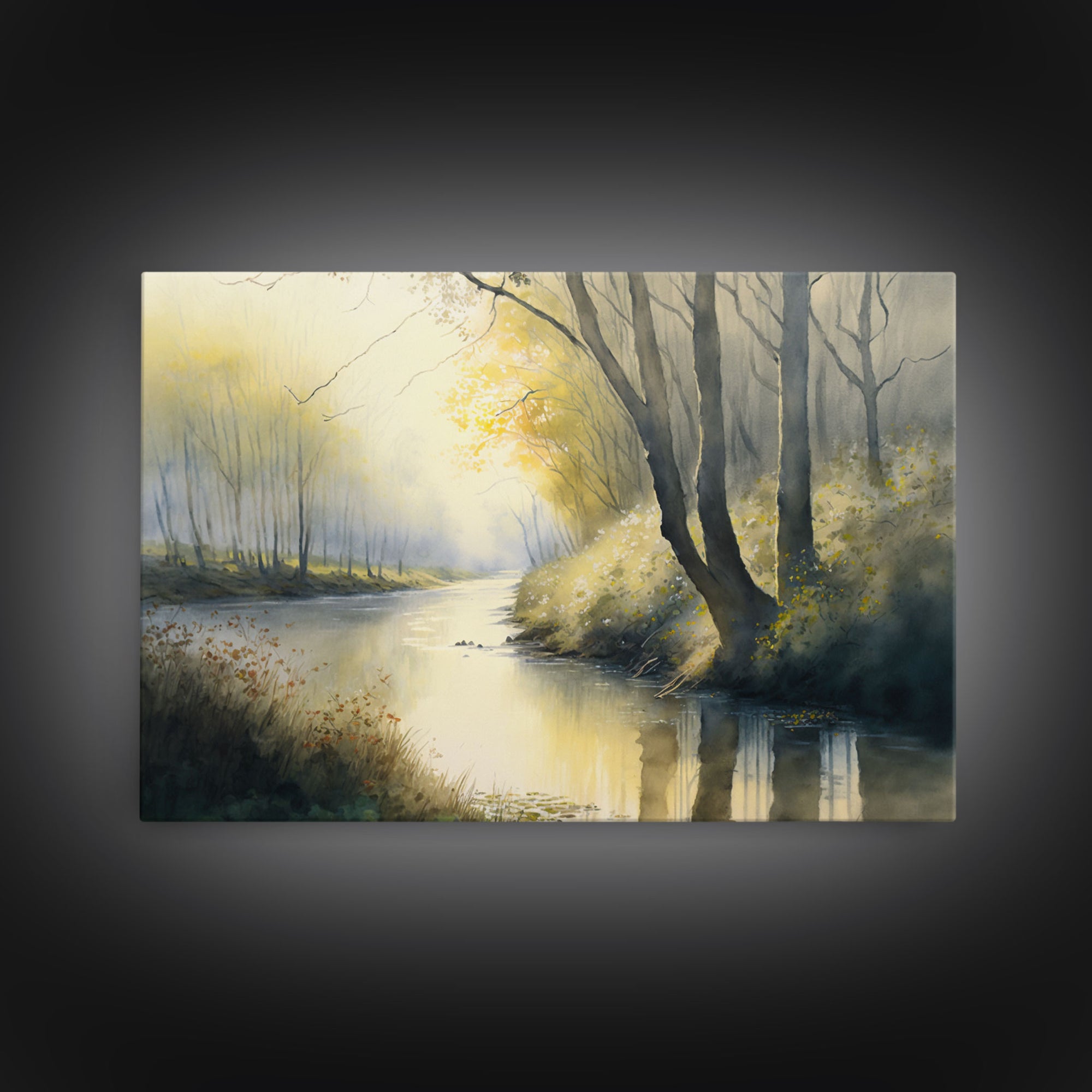 Watercolor | Framed Canvas Print | Bendy River Landscape | Wall Decoration | Modern Farmhouse | Wall Decoration