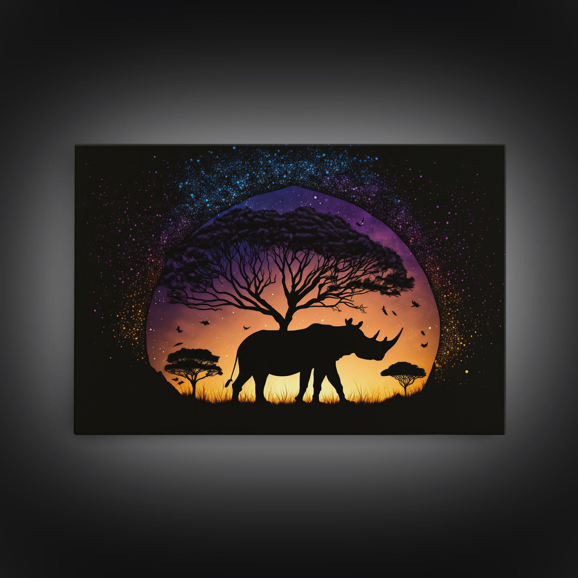 Rhino Silhouette against a starry night sky, wildlife art, animal prints, framed canvas print