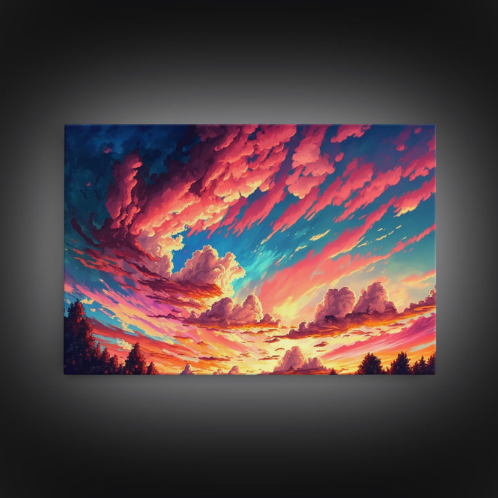 Watercolor of a beautiful cloudy sky at sunset, framed canvas print, landscape art, unique framed wall art