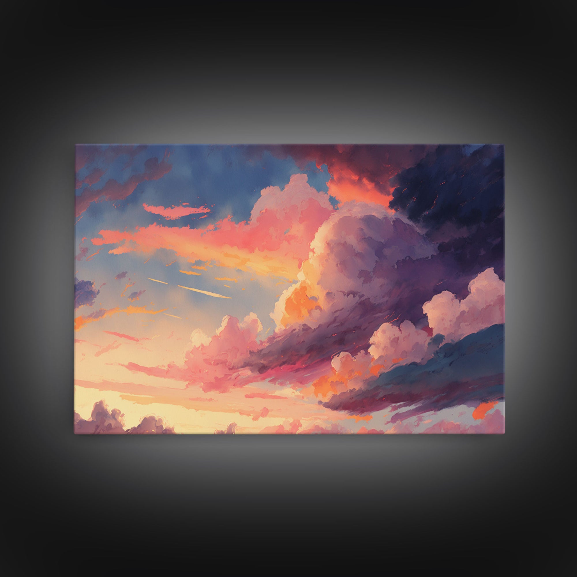 Pink Clouds Sunset Art | Framed Canvas Print | Vintage Style Painting Print | Whimsical Boho Decor | Modern Farmhouse Art