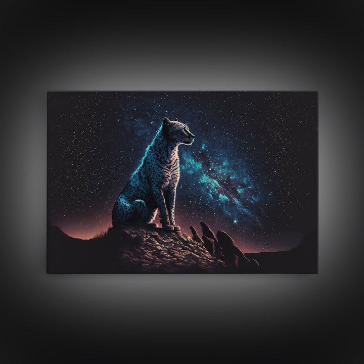Cheetah Print, Synthwave Animal Prints, Cheetah and a starry night sky, framed canvas print, cute animal art