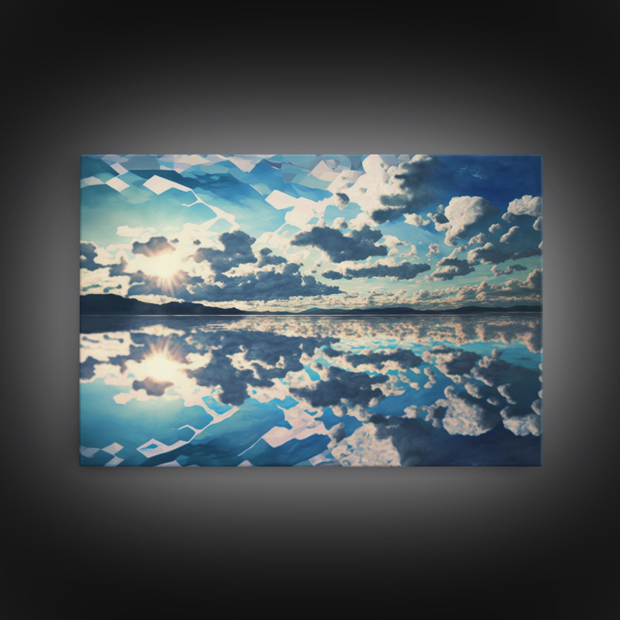 Reflections in Ice, Framed canvas print, unique farmhouse wall art, blue and white tones