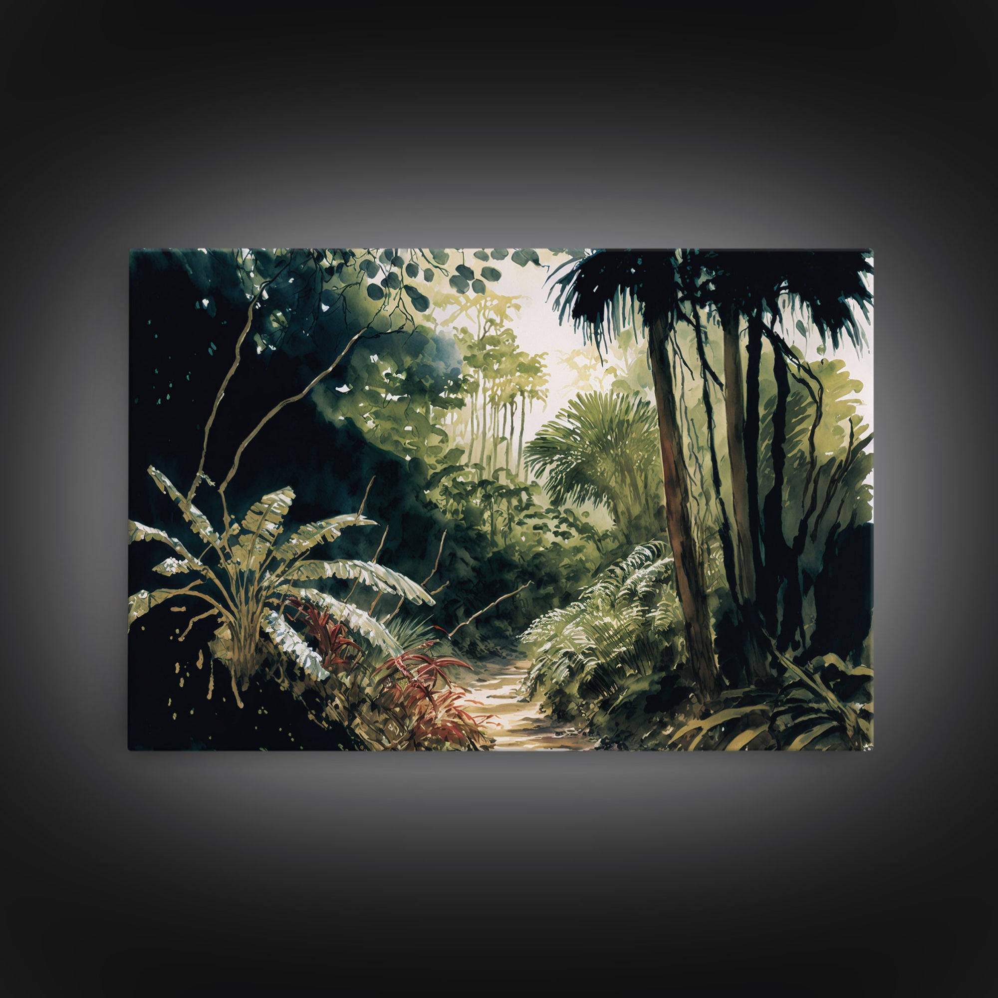 Watercolor of a Jungle Landscape, Framed Canvas Print, Framed Wall Art