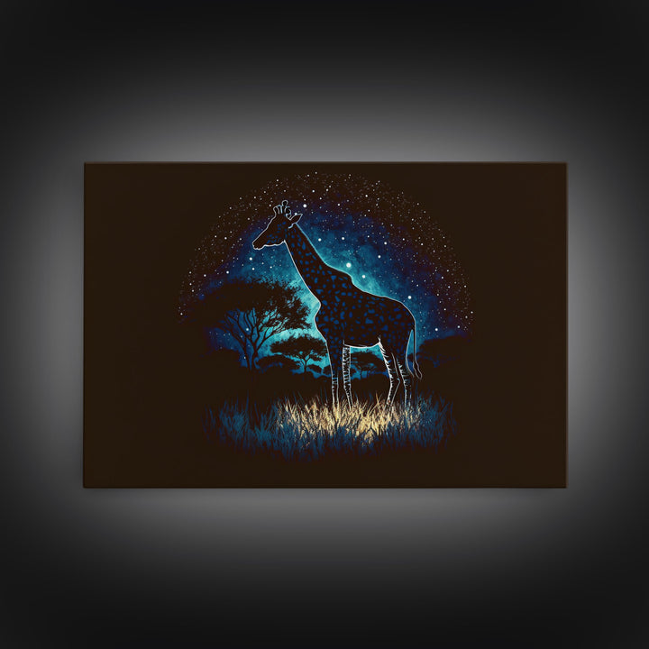 Starry Night over Africa, Giraffe Print, Framed Canvas Art, Galaxy Night Sky, Mancave decor