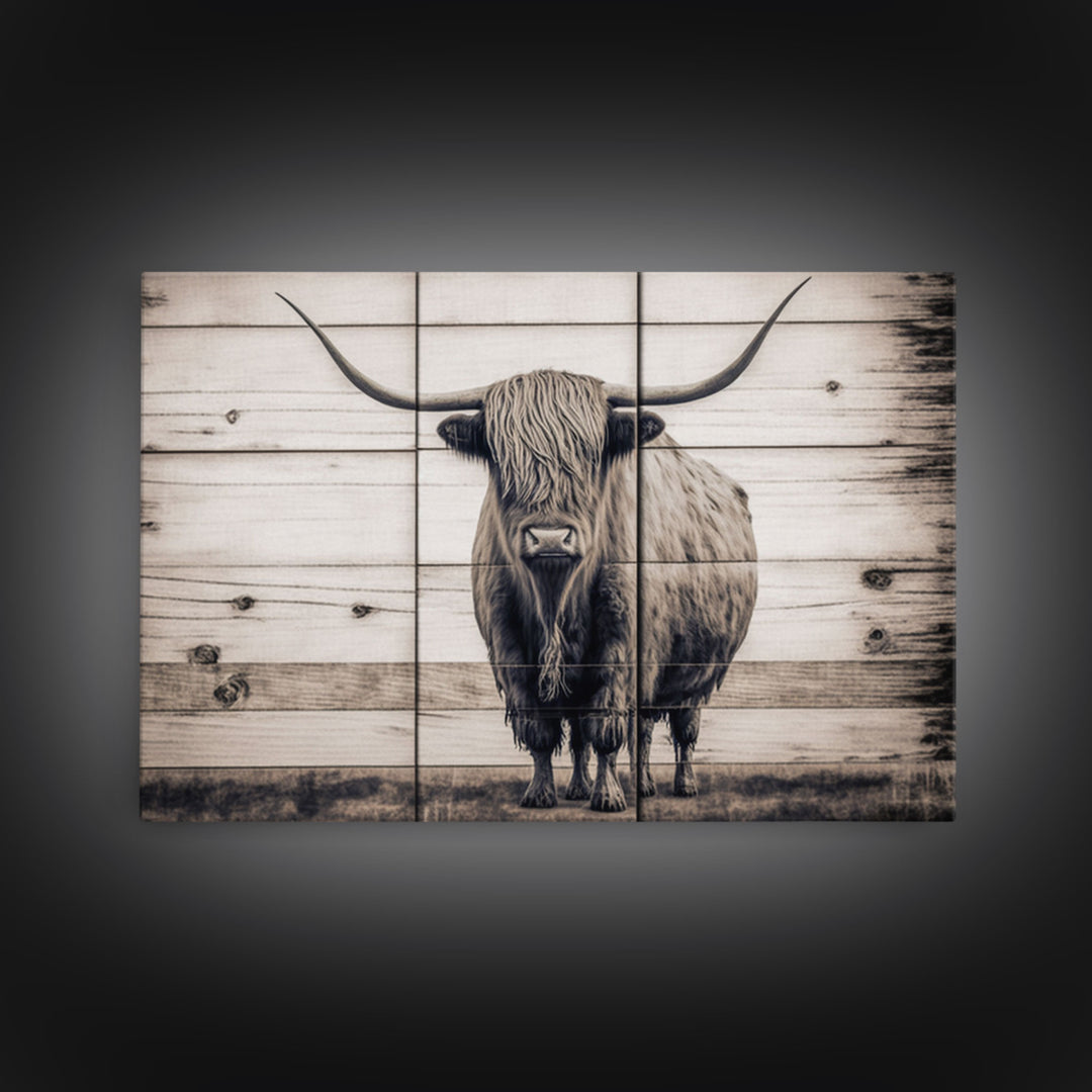 Rustic Cattle Art, Framed Canvas Print, Framed Wall Art, Primitive Rustic Minimalist Farmhouse Decor, Highland Cattle Distressed Art