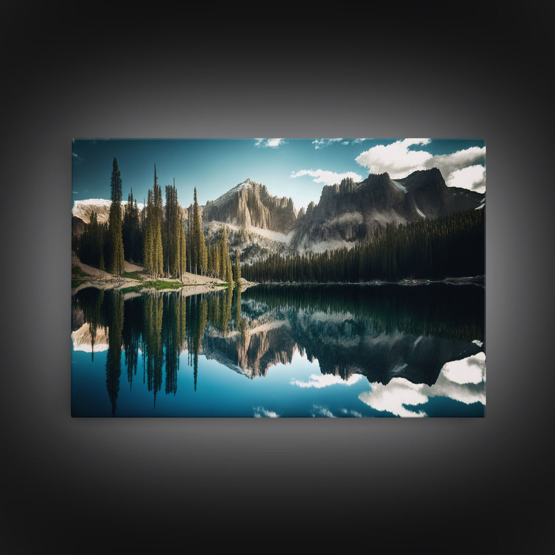 Reflections on a winter lake, watercolor landscape art, framed canvas print, pine tree winter forest