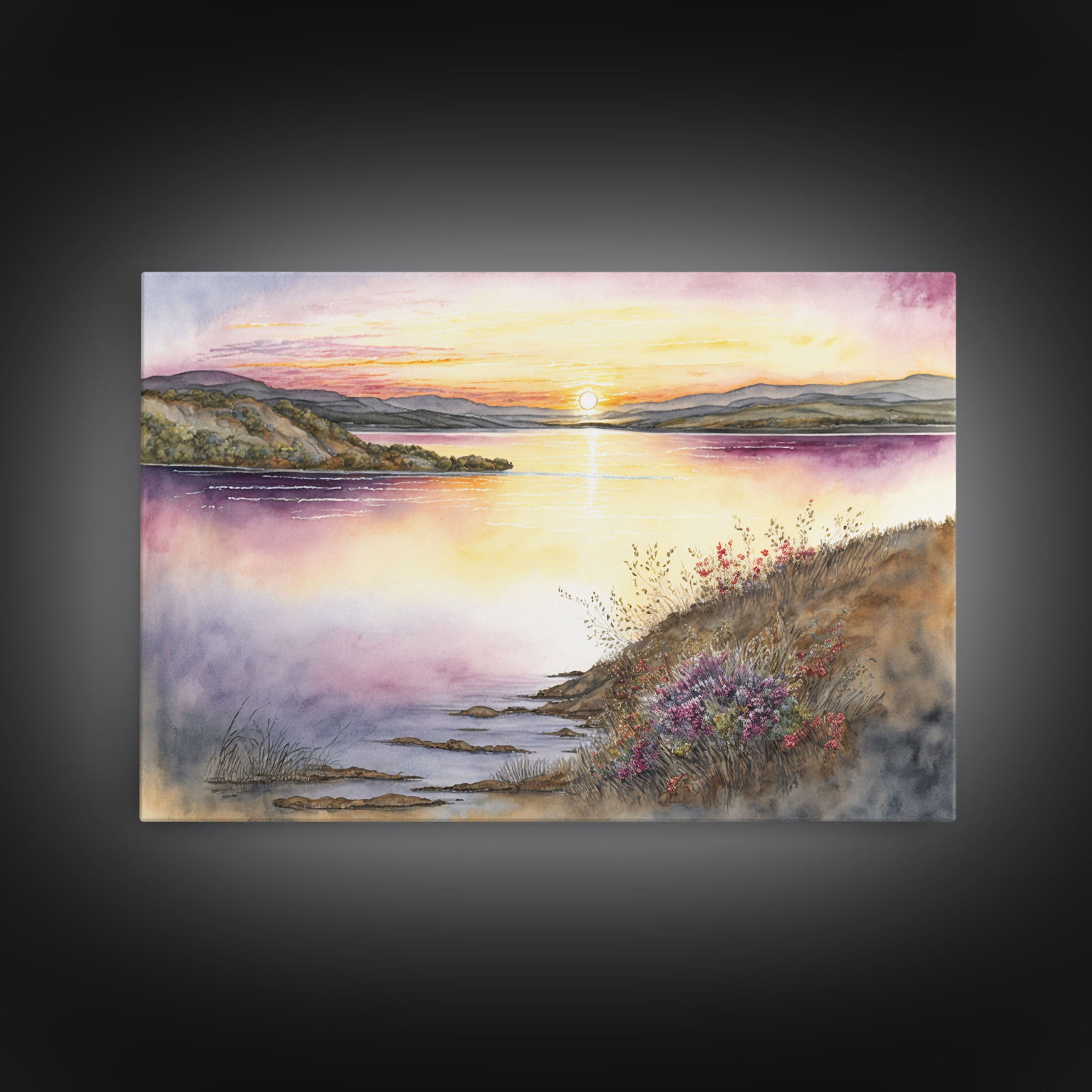 Flower Watercolor Painting, Beautiful thin brush stroke watercolor landscape, framed canvas print, living room art