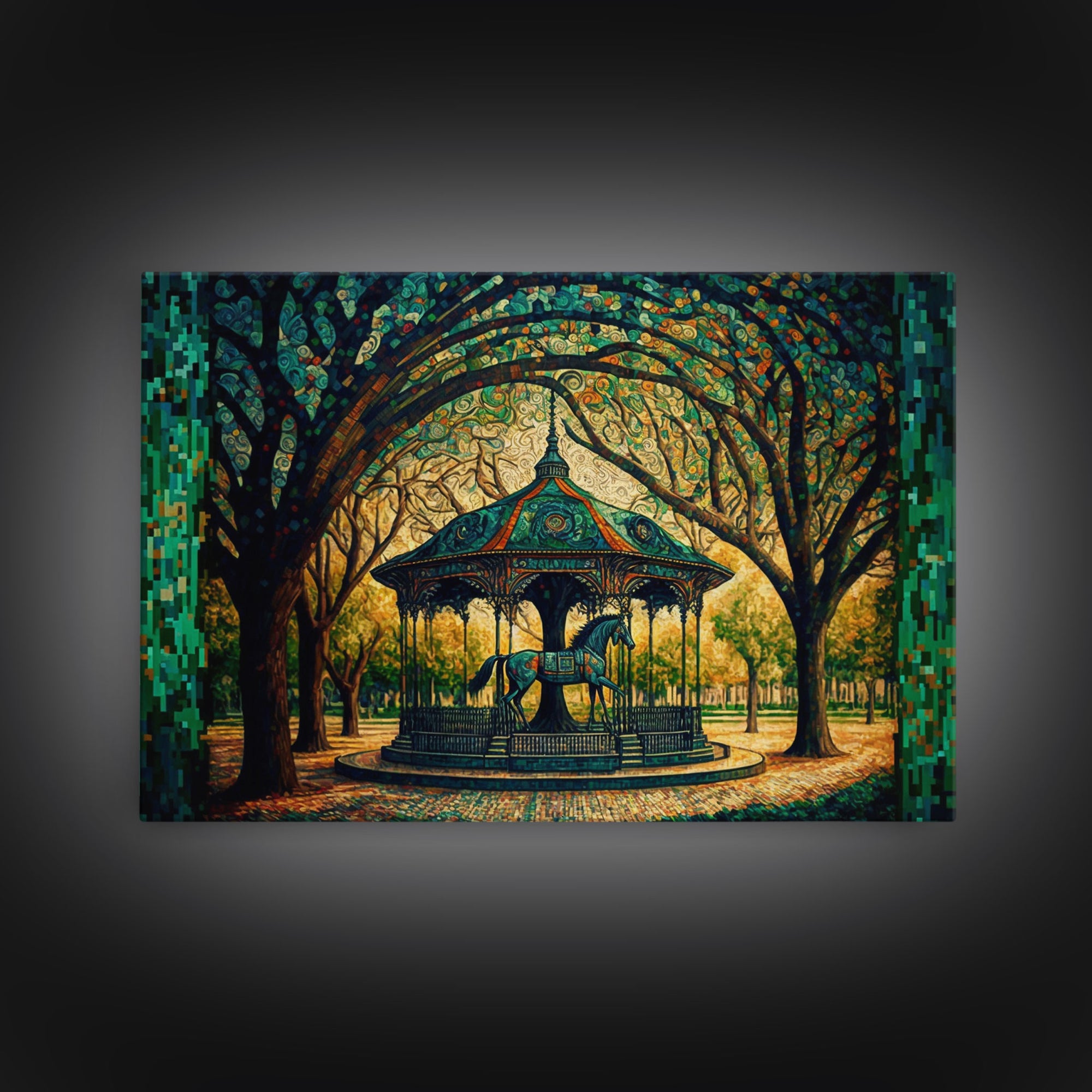 Framed Canvas Print, Painting of a Vintage carousel, Stained Glass Style Wall Art