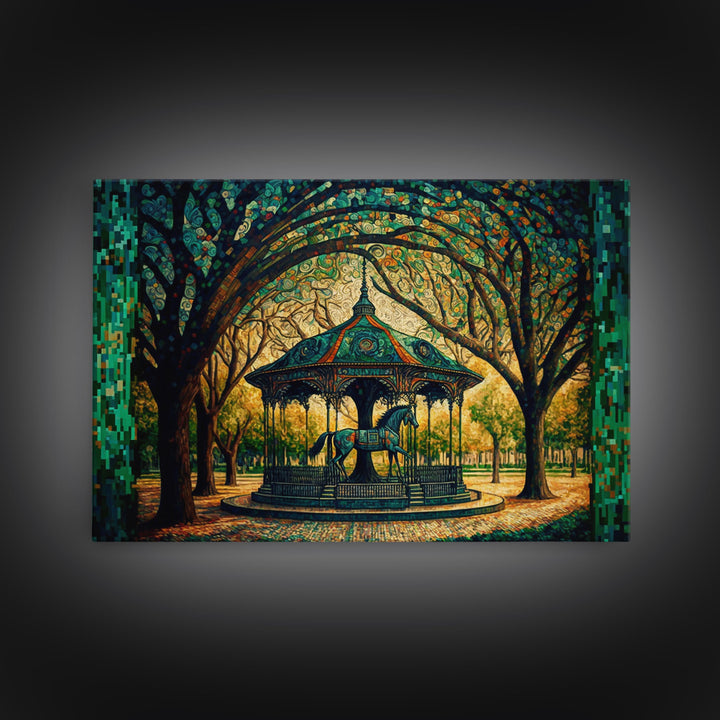 Framed Canvas Print, Painting of a Vintage carousel, Stained Glass Style Wall Art