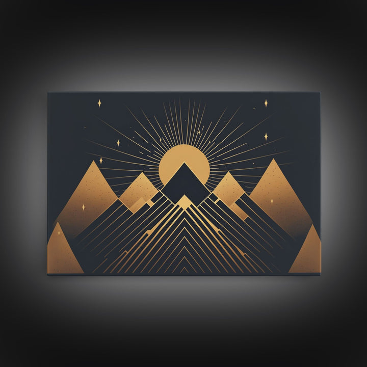 Art Deco Style Mountain landscape at Sunset, Framed Canvas Print, Large Format Wall Art, Huge Wall Decor, Black and Gold