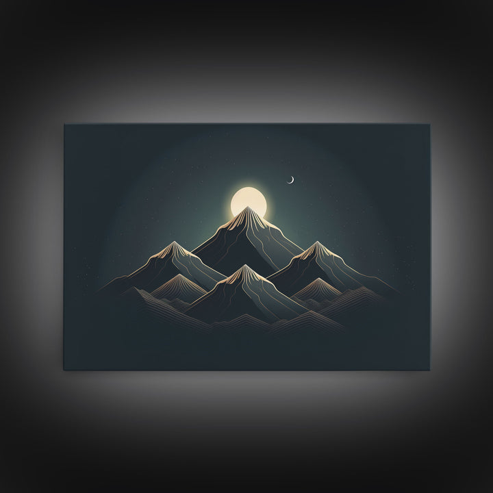 Black and Gold Art Deco Style Mountain landscape at Sunset, Framed Canvas Print, Large Format Wall Art, Huge Wall Decor