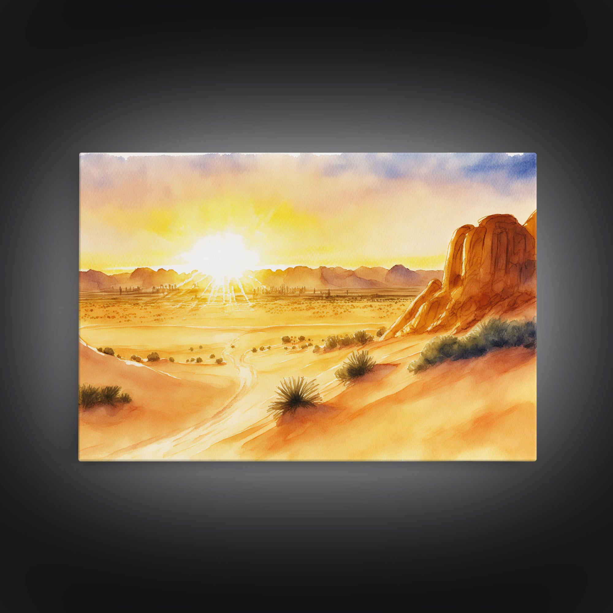 Watercolor Arizona Desert Landscape, Framed Canvas Print, Original Painting Print, Huge Living Room Wall Art, Southwest Western Decor