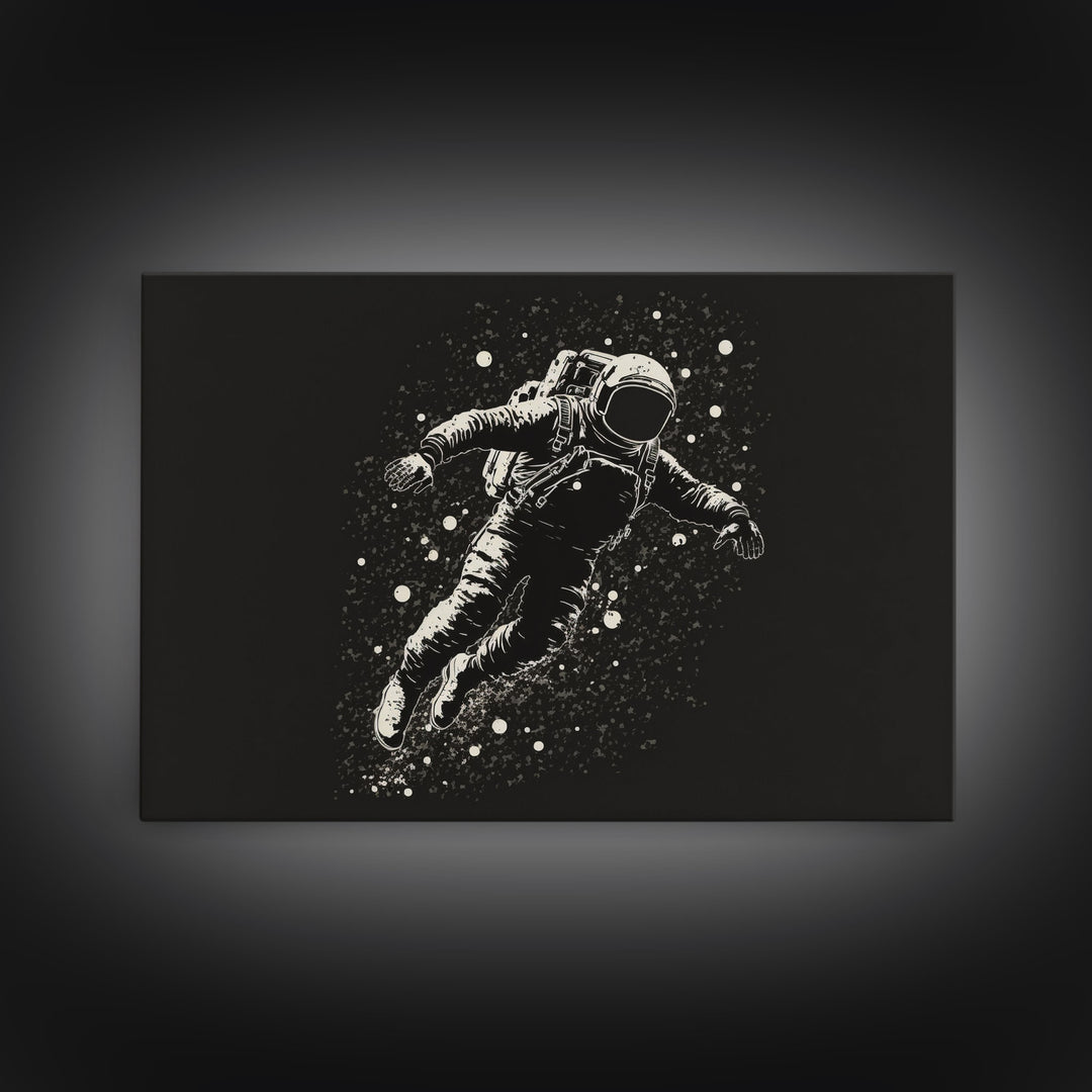 Adrift - Astronaut Lost In Space - Framed Canvas Print - Black and White Space Art