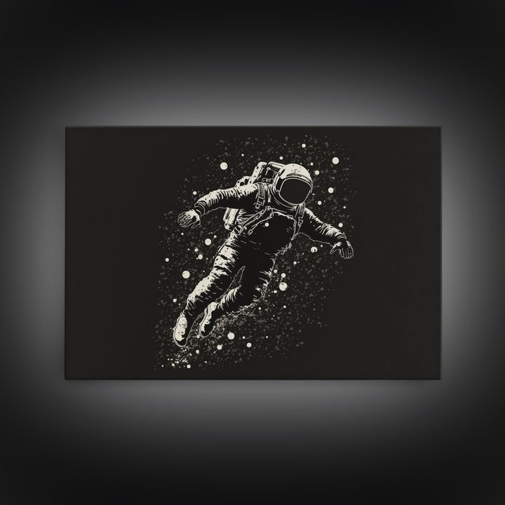 Adrift - Astronaut Lost In Space - Framed Canvas Print - Black and White Space Art