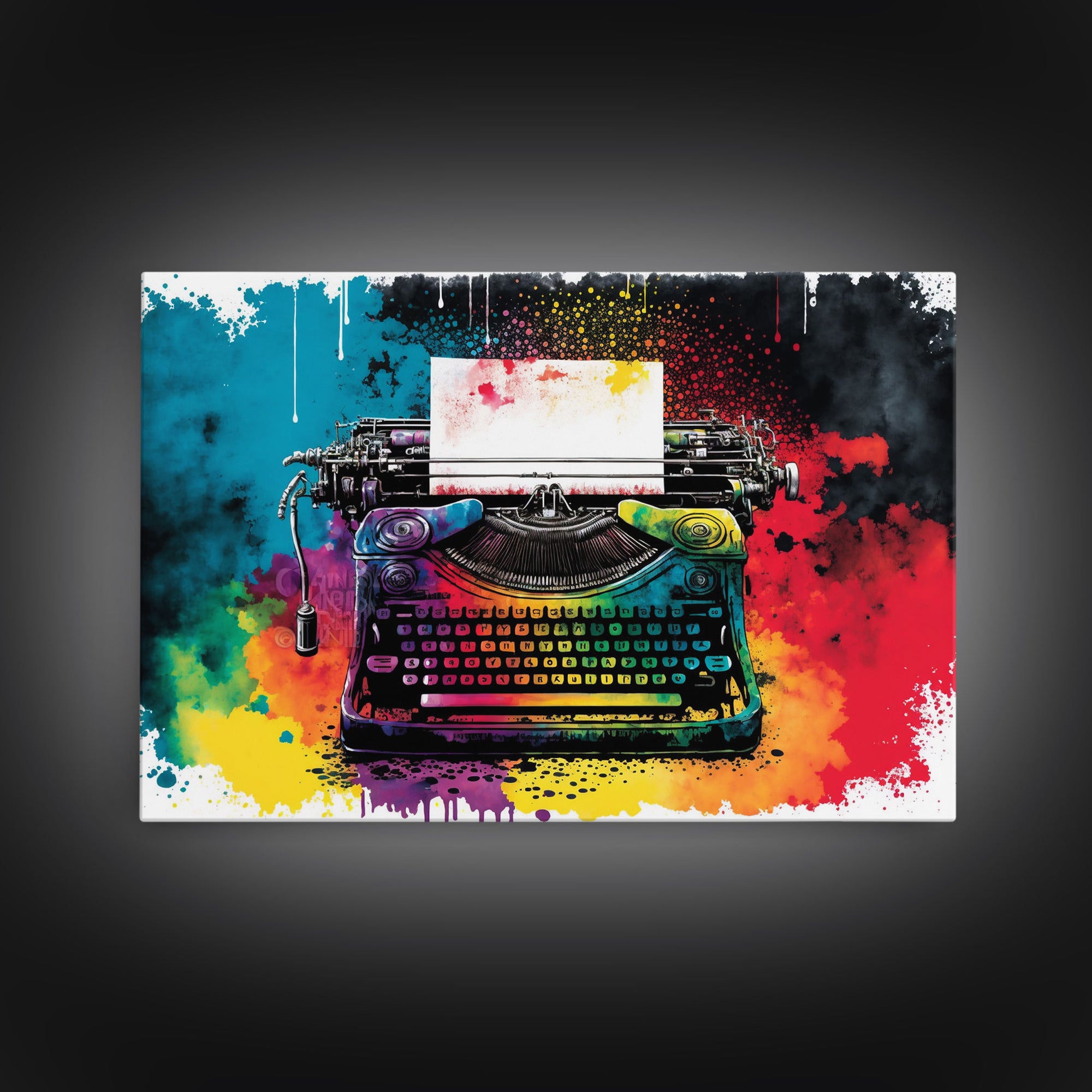 Watercolor Painting of an Antique Vintage Typewriter, Canvas Print, Framed Canvas Art, Original Art, Retro Pop Art Graffiti Style Decor