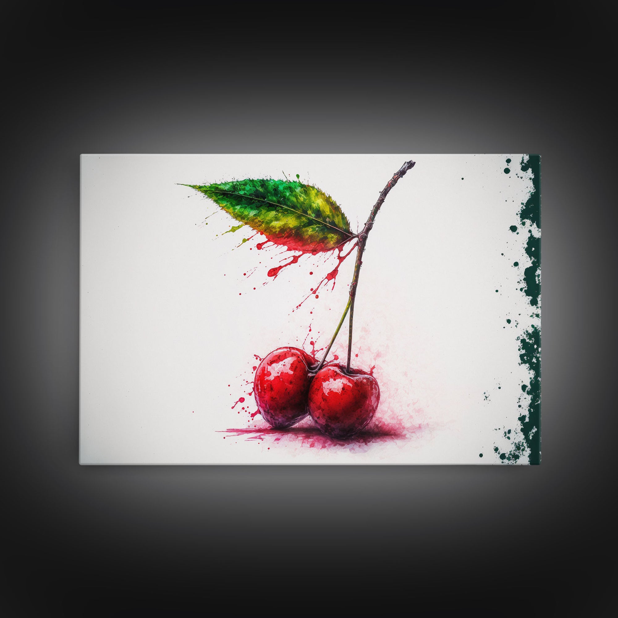 Watercolor Cherry, Still Life Paint Splatter Art, Framed Canvas Print, Fruit Art, Cherries with Stems Watercolor Painting