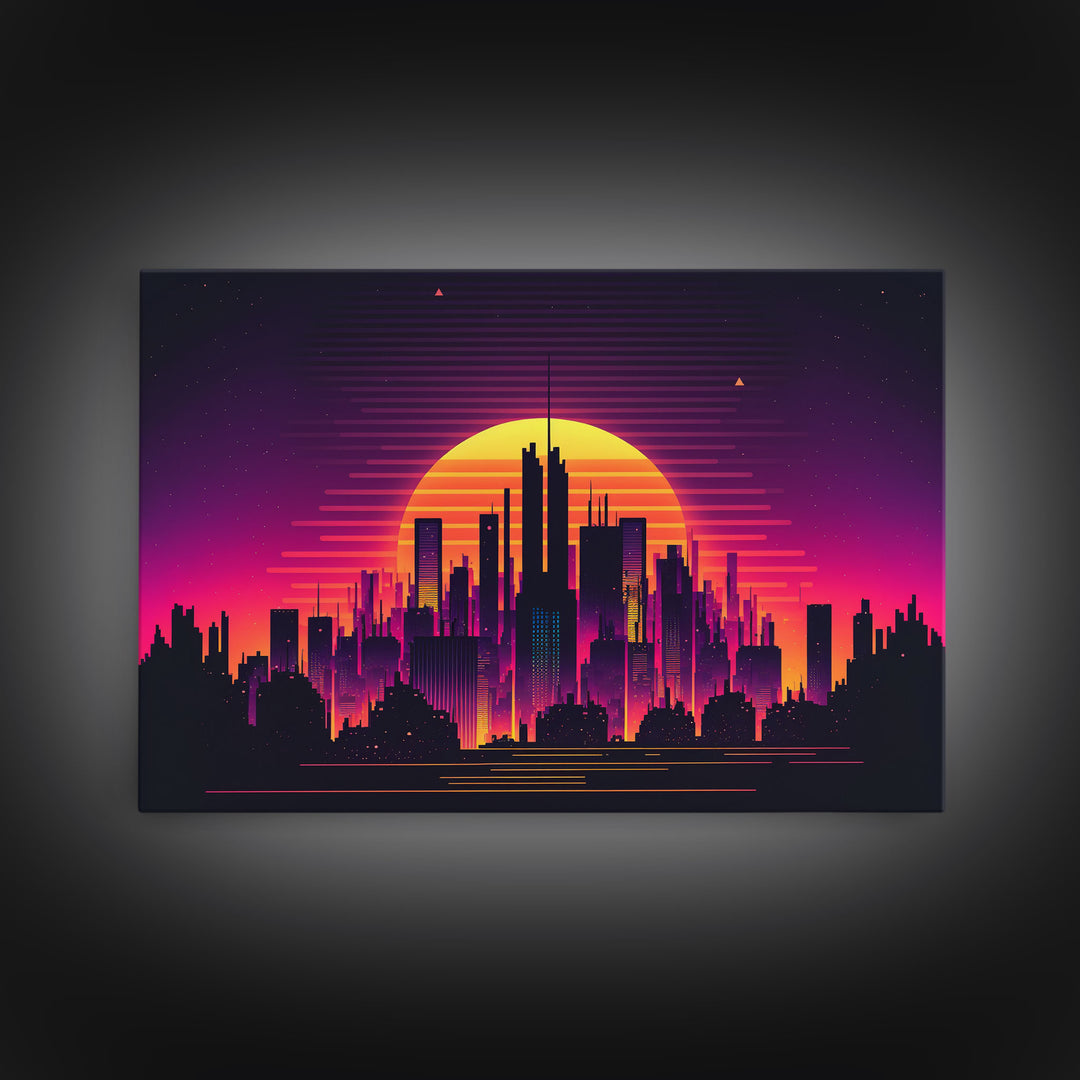 Outrun Style Futuristic Cyberpunk City Skyline at Sunset, Concept art, framed canvas print, dystopian art