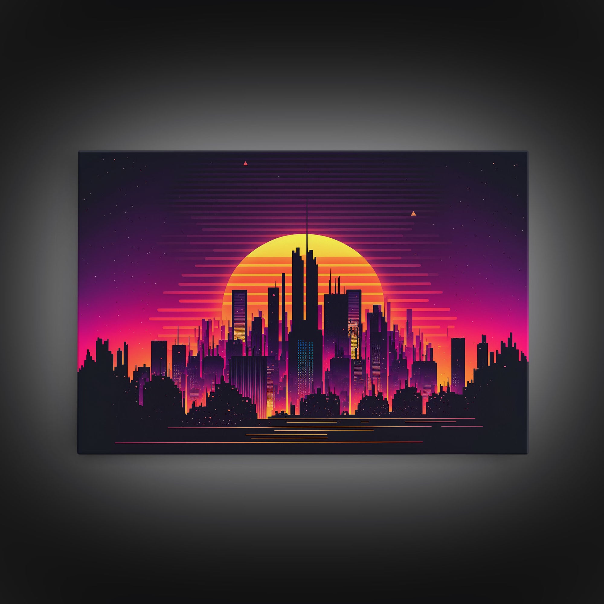 Outrun Style Futuristic Cyberpunk City Skyline at Sunset, Concept art, framed canvas print, dystopian art