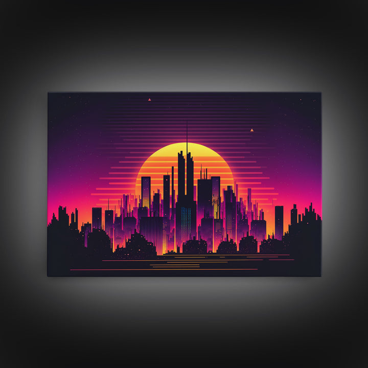 Outrun Style Futuristic Cyberpunk City Skyline at Sunset, Concept art, framed canvas print, dystopian art