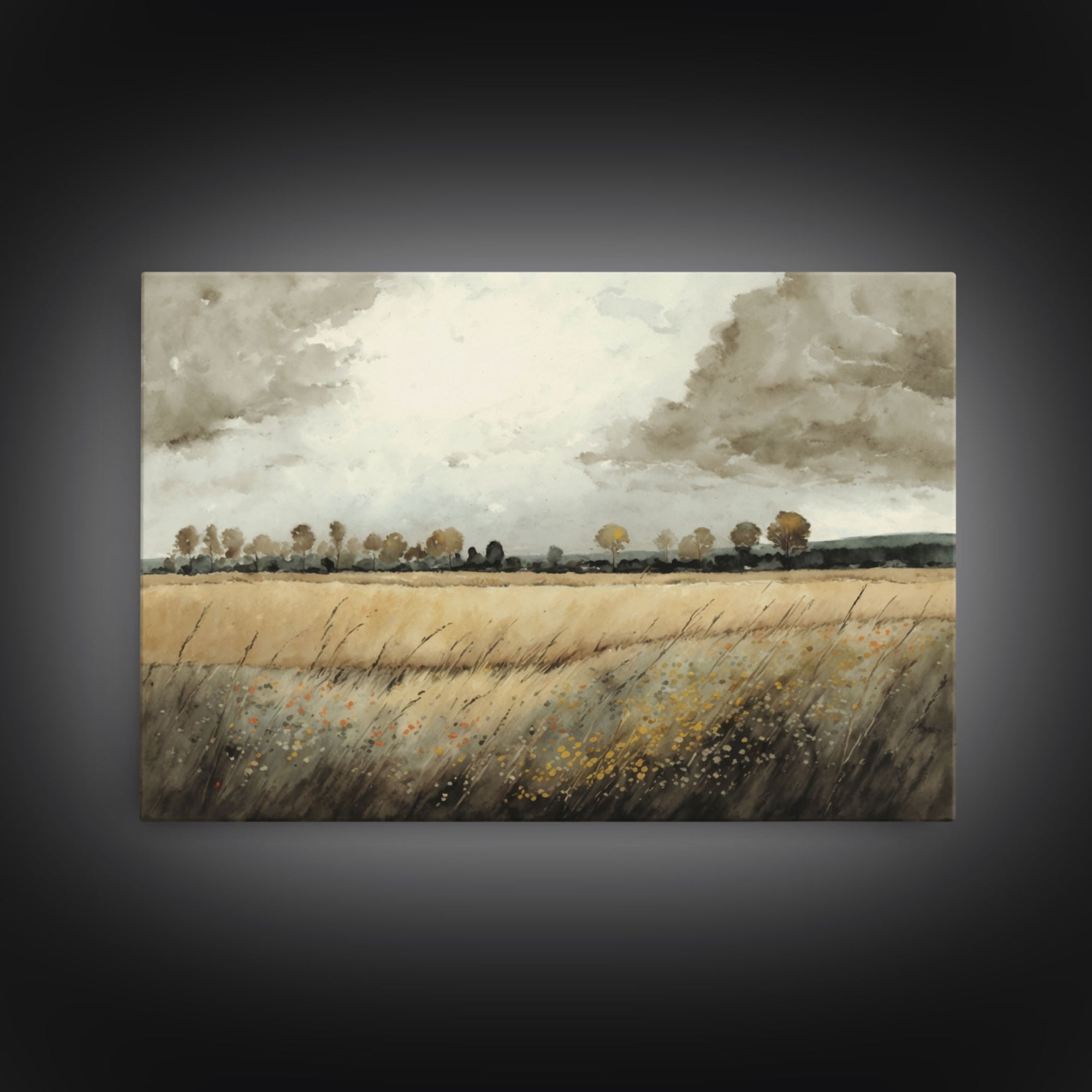Moody Country Landscape Canvas Print Painting | Vintage Wall Art | Subdued Wall Art | Framed Canvas | Muted Monochromatic Landscape Art