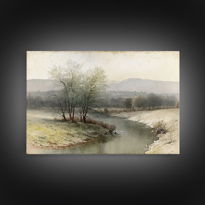 Rustic Vintage Landscape Wall Art Print, Nature Framed Large Gallery Art, Minimalist Art Ready to Hang, With Hangers, Muted Farmhouse Art
