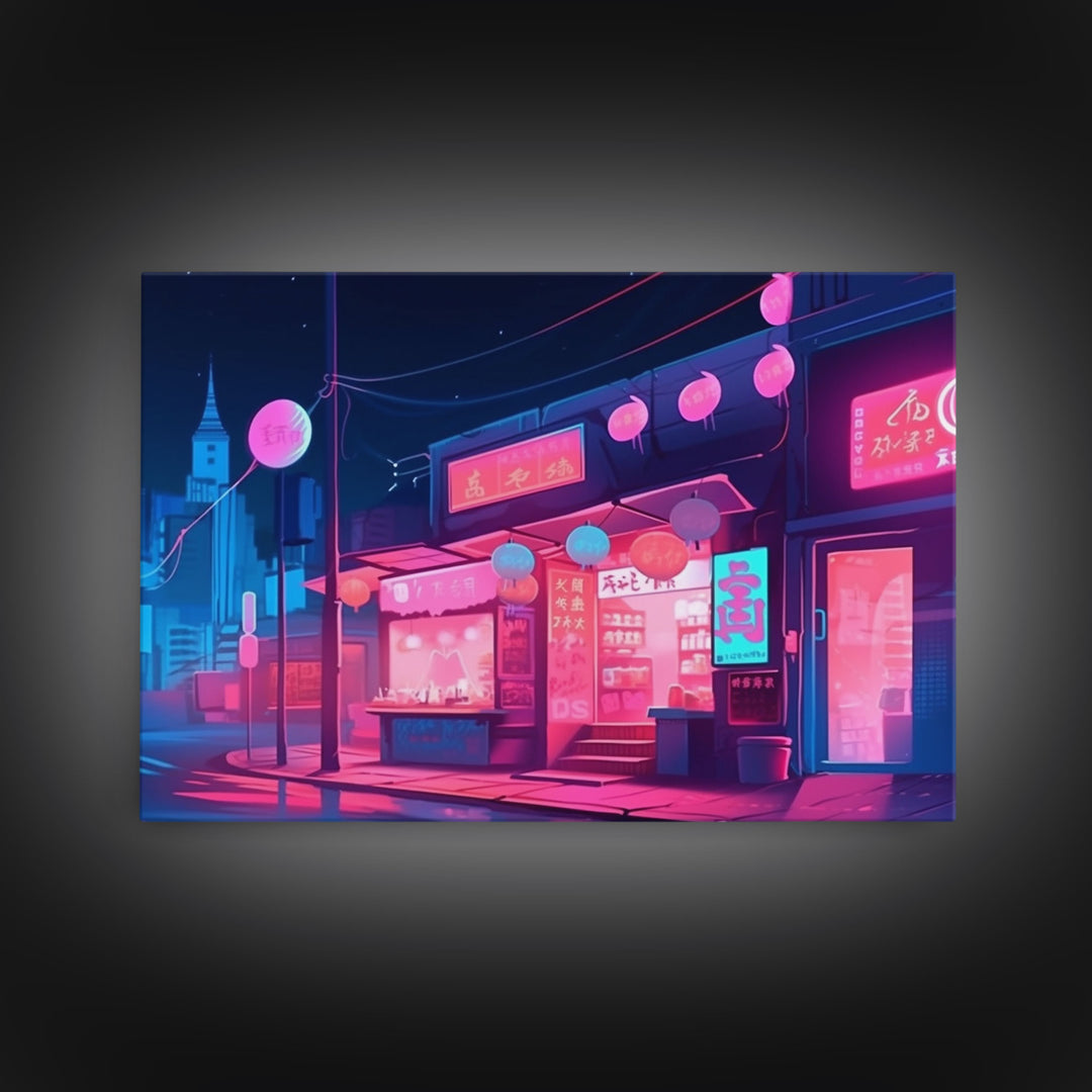 Retro Synthwave Style Tokyo Art, Framed Canvas Print, Unique Wall Art, Vintage Inspired Tokyo Night Life Art
