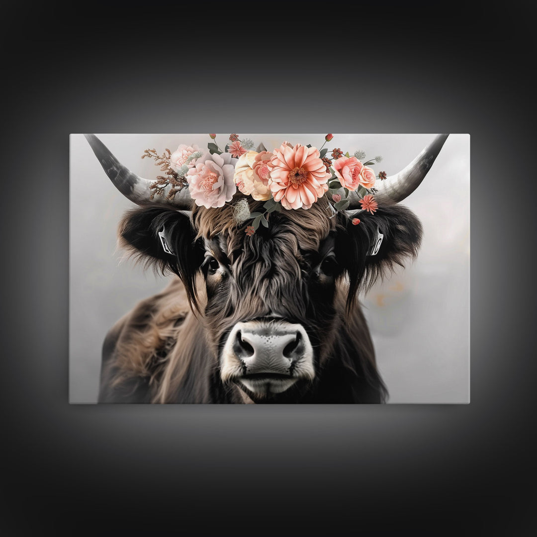 Framed Canvas Wall Art, Cute Cow Wearing Flowers, Farmhouse Decor, Farmhouse Wall At, Extra Large Boho Decor, Modern Art, Minimalist Rustic