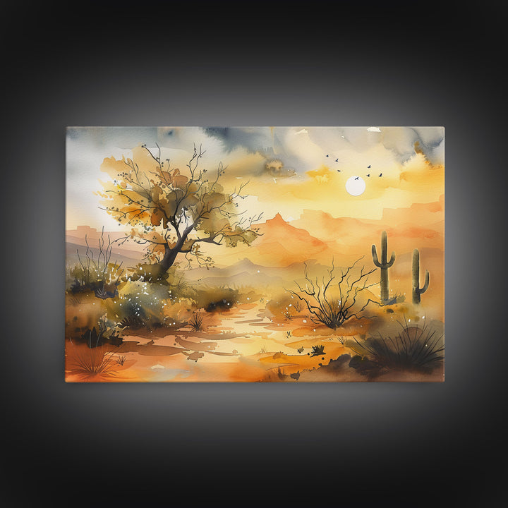 Desert Landscape Watercolor Painting, Wood Framed Canvas Print, Utah Desert Painting, Metal Print, Farmhouse Decor