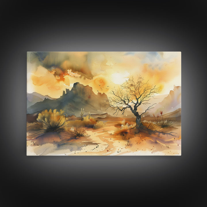 Large Wall Art Desert Print, Wood Framed Canvas Print, Original Artwork, Watercolor Landscape Painting, Minimalist Wall Art