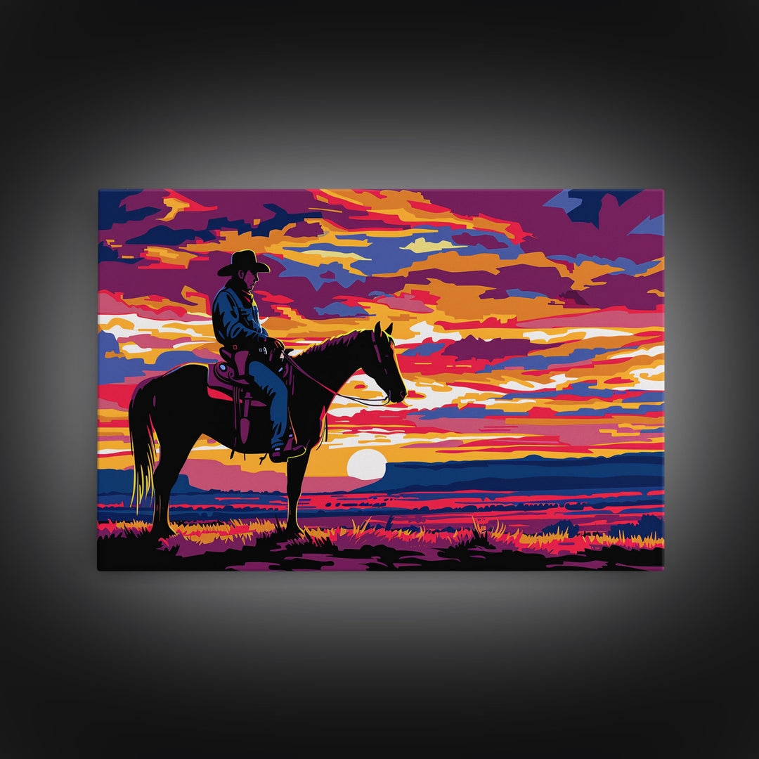 Cowboy At Sunset Watercolor Painting Framed Canvas Print, Western Decor, Gift For Him, Guy Gift, Rodeo Art, Southwestern Wall Decor