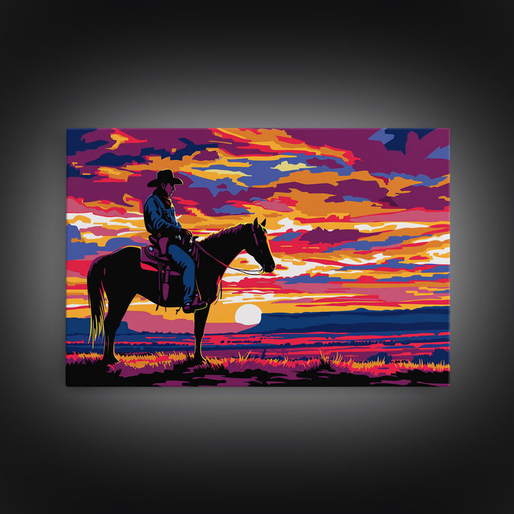Cowboy At Sunset Watercolor Painting Framed Canvas Print, Western Decor, Gift For Him, Guy Gift, Rodeo Art, Southwestern Wall Decor