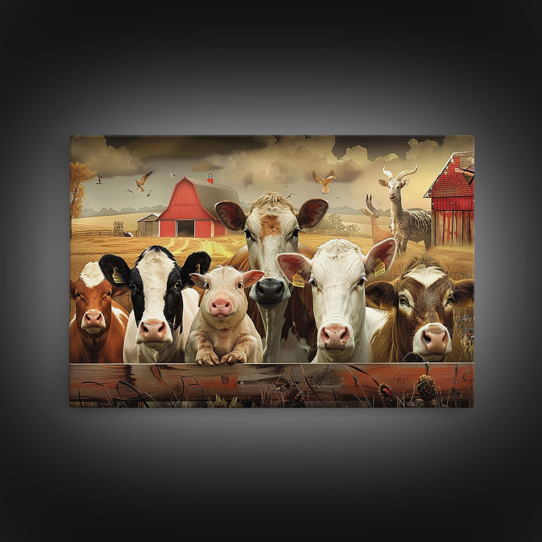 Farm Animals On The Fence, Framed Canvas Print, Cute Animal Decor, Bathroom Wall Art, Illustration, Home Decor