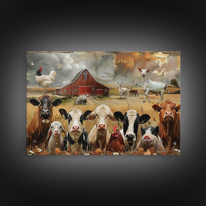 Kitsch Farmhouse Wall Art, Cute Farm Animals On A Fence, Cow Art, Pig Print, Red Barn Wall Art, Wood Framed Art