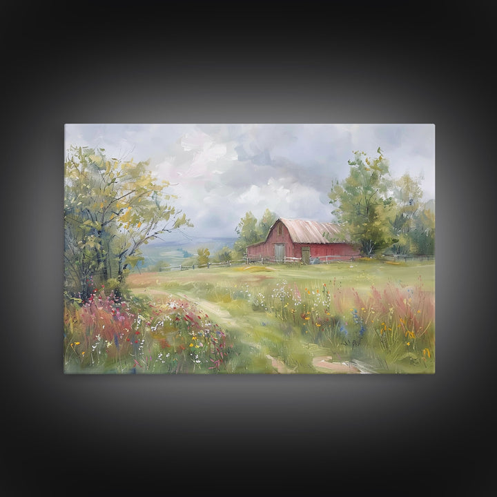 Farmhouse Watercolor Painting Framed Canvas Print, Metal Art Print, Farmhouse Decor, Country Decor, Kitsch Wall Art