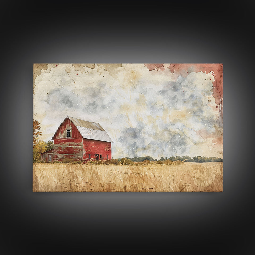 Red Barn Watercolor Painting Framed Canvas Print, Watercolor Painting From Photo Landscape, Wall Decor, Home Decor