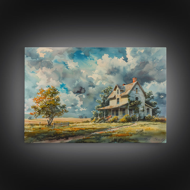 Beautiful Cottagecore Kitsch Framed Canvas Print Of An Old Farmhouse, Watercolor Painting, Custom Original Art, Living Room Decor