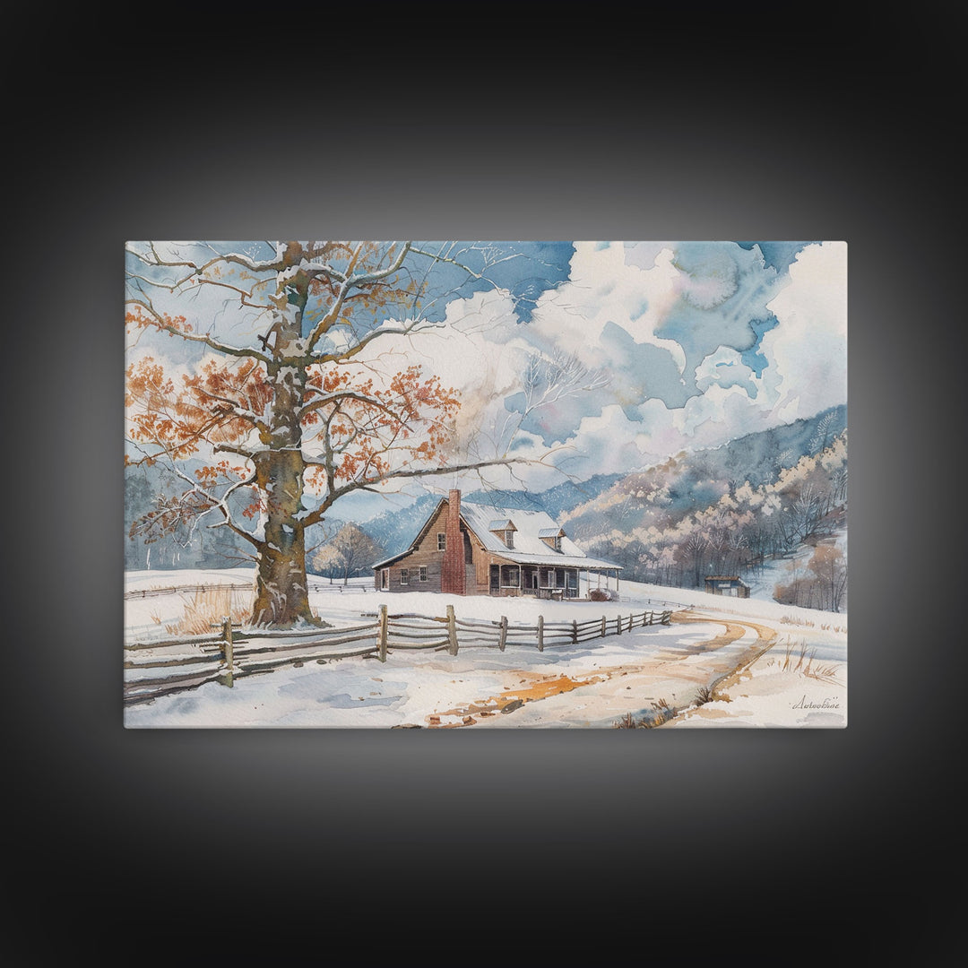 Painting Of A Farmhouse In The Winter, Cottagecore, Framed Canvas Print, Kitsch Home Decor, Western Country Art, Living Room Decor