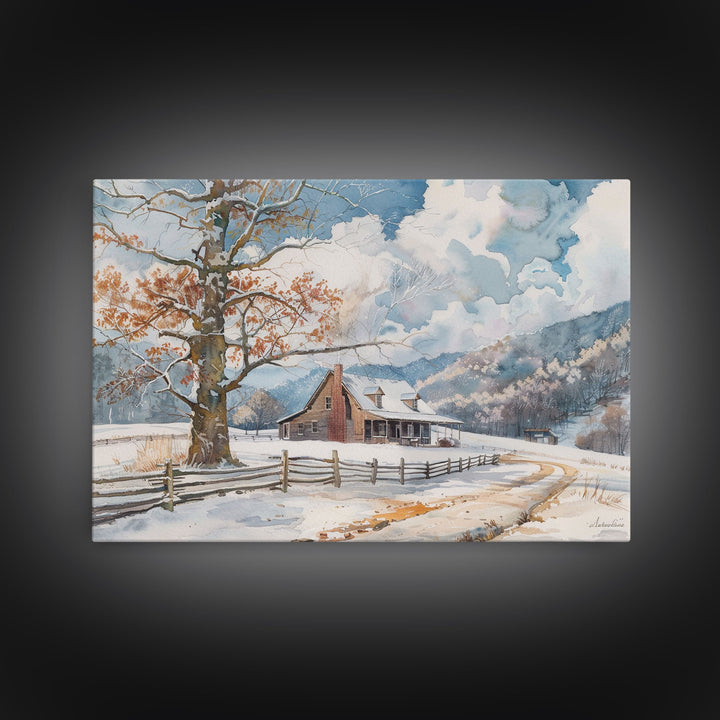 Painting Of A Farmhouse In The Winter, Cottagecore, Framed Canvas Print, Kitsch Home Decor, Western Country Art, Living Room Decor