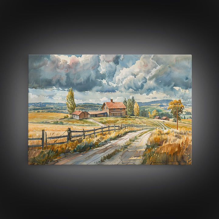 Primitive Farmhouse Watercolor Painting Framed Canvas Print, Framed Art, Wood Frame Art, Kitsch Decor, Southwestern Decor, Rustic Art