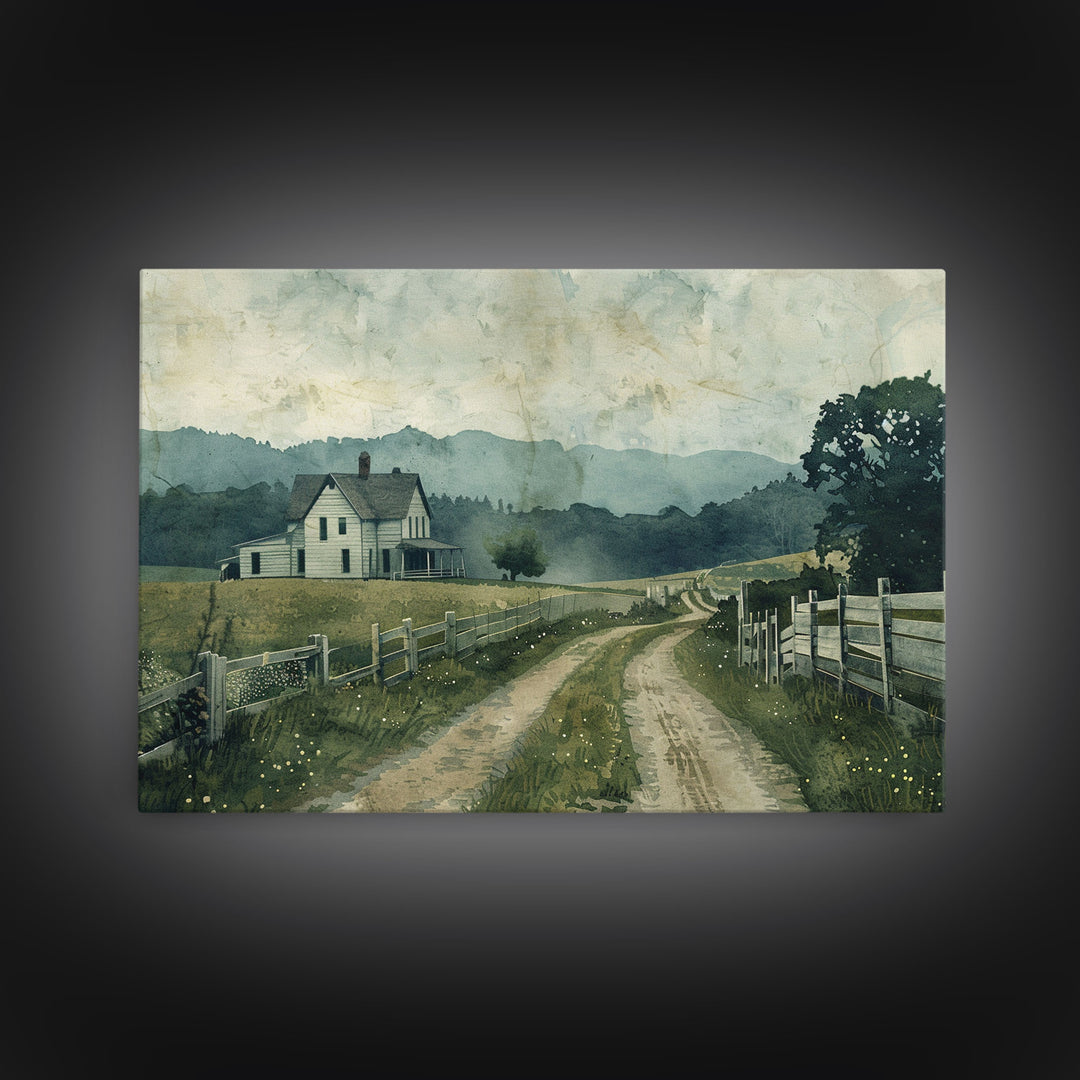 Old Country Road Wall Art Framed Canvas Print, Cottagecore Oil Painting, Kitsch Minimalist Wall Art, Farmhouse Wall Decor, Rustic Decor