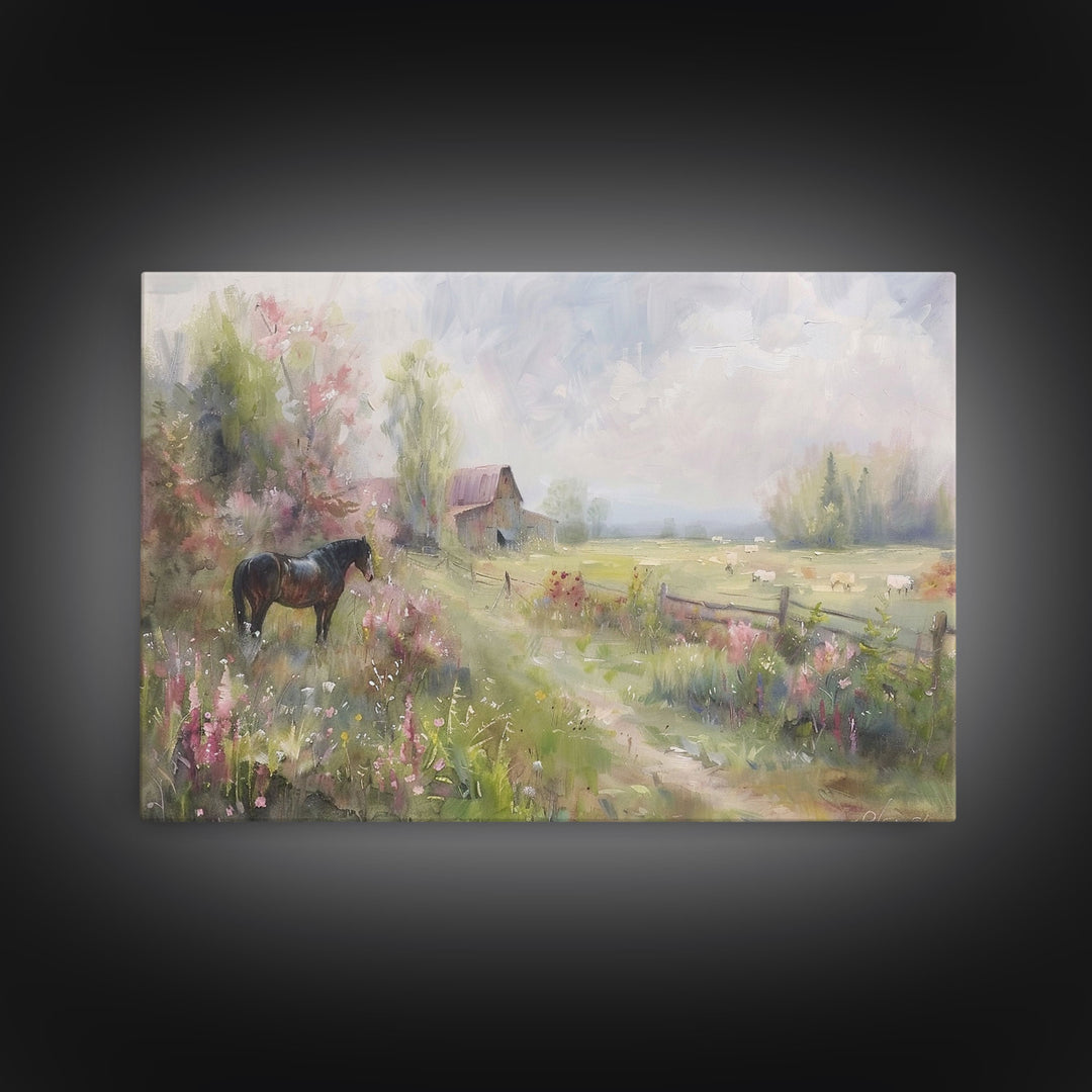 Rustic Farmhouse Decor, Horse Painting Framed Canvas Print, Lake House Decor, Cabin Decor, Interior Design, Farmhouse Home Decor