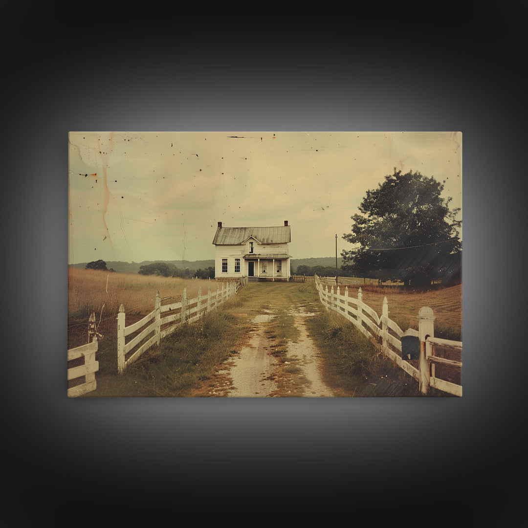 Old Photo Print Of An 1800s Farmhouse, White Picket Fences, Vintage Style Wall Art, Framed Canvas Print, Rustic Primitive Wall Art