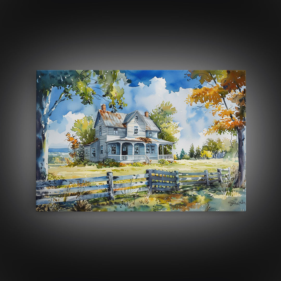 Retro Watercolor Painting Print Of A Vintage Farmhouse, Kitsch Art, Wall Art, Farmhouse Decor, Western Art For Living Room